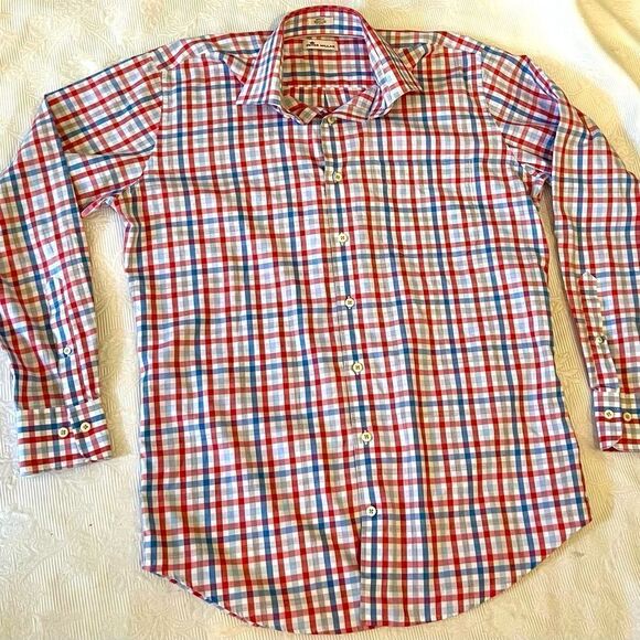 Peter Millar Plaid Button Down Shirt Sz Med 100% Cotton Blue Red Gray - Picture 1 of 6